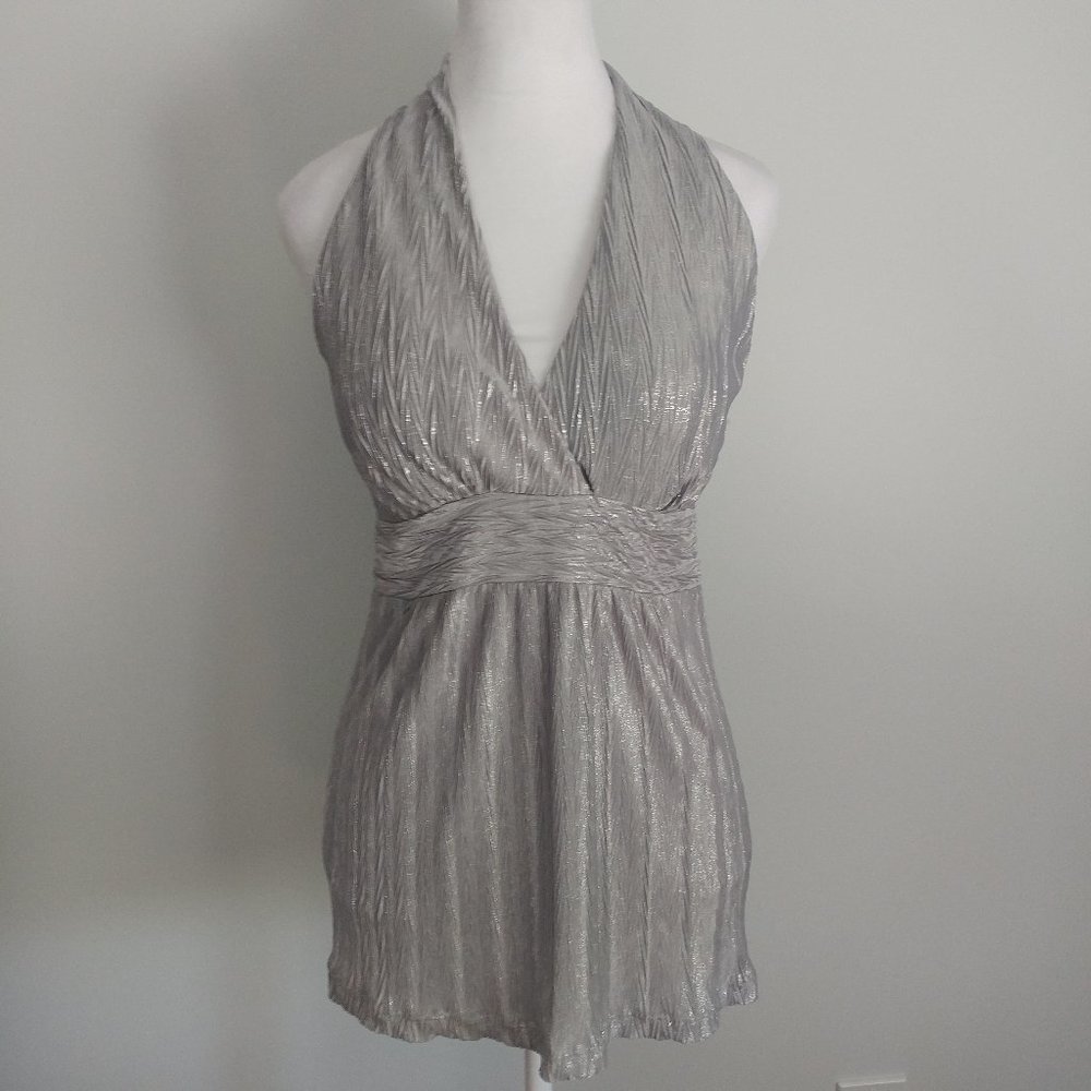 Silver Halter Blouse Crossover V Neck Racer Back Crushed Pleats Marilyn Monroe